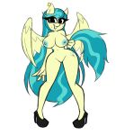  anthro auntie_lofty_(mlp) big_breasts blue_hair blue_nipples breasts clothing ear_tag equid equine female footwear footwear_only hair hi_res high_heels holding_tail horse long_hair long_tail looking_at_viewer mammal mostly_nude navel nelljoestar nipples nude pegasus pony ring shoes shoes_only simple_background smile solo thick_thighs wide_hips wings 