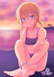  1girl bangs bare_arms bare_legs bare_shoulders barefoot bear_hair_ornament bikini black_bikini blonde_hair blue_eyes blush closed_mouth collarbone commentary_request hair_between_eyes hair_ornament hairclip head_tilt horizon kaiware-san looking_at_viewer navel ocean original outdoors palm_tree signature smile solo sunset swimsuit tree water wet x_hair_ornament 