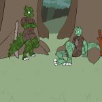  2014 anthro claws clothed clothing digital_drawing_(artwork) digital_media_(artwork) digitigrade dirty duo fen_(lagotrope) grass green_body green_skin horn kobold lagotrope male melee_weapon outside plant pupils sitting slit_pupils standing story story_at_source story_in_description sword tgchan toe_claws topwear tree weapon zizi_(lagotrope) 