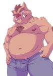  2021 anthro bottomwear brown_body bulge clothing hi_res humanoid_hands kemono male mammal moobs murasaki14134 navel nipples overweight overweight_male pants scar simple_background solo suid suina sus_(pig) white_background wild_boar 
