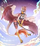  anthro avian beak bird_feet bra breasts broom claws cleaning_tool clothing cloud collar feathered_wings feathers female gryphon harness hi_res inner_ear_fluff mythological_avian mythology outside papillaeci sky solo star tail_tuft tuft underwear wings 