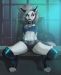  anthro bottomwear breasts canid canid_demon carduelis claws clothed clothing crop_top demon female fur grey_hair hair hellhound helluva_boss hi_res leggings legwear licking licking_lips looking_at_viewer loona_(helluva_boss) mammal midriff red_sclera shirt shorts sitting solo spread_legs spreading thigh_highs tongue tongue_out topwear white_body white_fur window 