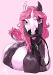  ambiguous_gender collar digital_media_(artwork) equid equine facial_piercing feral fluffymare hair hi_res horn leash looking_at_viewer looking_up mammal mane nose_piercing nose_ring piercing pink_eyes pink_hair raeni ring_piercing solo tongue unicorn 