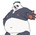  2022 5_fingers anthro belly big_belly black_nose dot_eyes fingers giant_panda hi_res kemono kotori leaf male mammal moobs navel nipples overweight overweight_male simple_background solo ursid white_body 