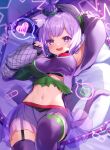  1girl absurdres animal_ear_fluff animal_ears blush breasts cat_ears cat_girl cat_tail garter_straps hat highres hololive hololive_gamers large_breasts long_sleeves looking_at_viewer navel nekomata_okayu open_mouth pisuke_wan purple_eyes purple_hair short_hair skirt smile solo tail thighhighs virtual_youtuber 