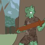  2014 anthro clothed clothing digital_drawing_(artwork) digital_media_(artwork) dirty fen_(lagotrope) grass green_body green_skin horn kobold lagotrope lizard male melee_weapon plant pupils reptile scalie shirt slit_pupils solo standing story story_at_source story_in_description sword tgchan topwear tree weapon white_eyes 