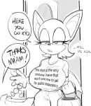  1girl breasts candy clothes_writing cowboy_shot dbaruru denim doorway english_commentary english_text food halloween highres huge_breasts jeans pants rouge_the_bat shirt sketch sonic_(series) speech_bubble t-shirt trick-or-treating 