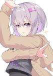  1girl a.i._voice animal_ears animal_hood arm_up blush brown_jacket closed_mouth commentary fake_animal_ears grey_hair grey_shirt hair_ornament hairclip highres hood hood_down hooded_jacket jacket long_sleeves looking_at_viewer multicolored_hair open_clothes open_jacket purple_eyes purple_hair rabbit_ears sailor_collar school_uniform serafuku shirt simple_background solo sparkle streaked_hair upper_body voiceroid white_background white_sailor_collar yuzuki_yukari yuzuki_yukari_(shizuku) zooanime 