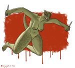  2022 absurd_res angry anthro areola argonian belly bethesda_softworks big_breasts blood bodily_fluids breasts cayugo dagger deeja digital_drawing_(artwork) digital_media_(artwork) feet female fingers genitals green_body hi_res holding_object holding_weapon horn lunging melee_weapon midair navel nipples non-mammal_breasts nude pussy scales scalie shaded sharp_teeth simple_background skyrim solo teeth the_elder_scrolls thick_thighs video_games weapon yellow_eyes 