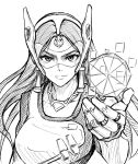  1girl gloves holding light lineart long_hair looking_at_viewer monochrome overwatch overwatch_1 smile solo symmetra_(overwatch) ten_(tenchan_man) 