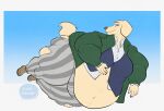  2022 anthro basicbiscuit beastars belly big_belly bird_dog bottomwear canid canine canis claws clothing domestic_dog dress_shirt floppy_ears footwear fur gradient_background hand_on_stomach hi_res hunting_dog hyper hyper_belly jack_(beastars) jacket labrador looking_down lying male mammal moobs navel obese on_side overweight pants retriever school_uniform shirt shoes simple_background solo thick_thighs tight_clothing topwear torn_clothing unbuttoned_shirt uniform watermark yellow_body yellow_fur 