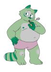  3_toes 4_fingers anthro bent_arm bottomwear clothing digital_media_(artwork) feet fingers fred_(fredrick_brennan) fur green_body green_fur hand_on_hip hi_res holding_object male mammal mouth_closed navel nipples procyonid raccoon shorts smoke solo standing toes unknown_artist vape vaping 