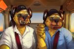  2022 aircraft airplane anthro blue_clothing blue_shirt blue_topwear clothing duo eyewear father father_and_child father_and_son flying headgear headphones headset hi_res hyaenid male mammal necktie open_mouth parent parent_and_child pilot rov shirt son sunglasses sunset topwear white_clothing white_shirt white_topwear 