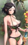  1girl bare_arms bare_shoulders bikini black_eyes black_hair blurry blurry_background blush breasts commentary_request cowboy_shot feather_hair_ornament feathers fire_emblem fire_emblem_awakening fire_emblem_heroes flower gonzarez green_bikini hair_ornament highres large_breasts looking_at_viewer navel noire_(fire_emblem) official_alternate_costume orange_flower short_hair solo standing stomach swimsuit yellow_flower 