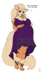  anthro arcanine belly big_belly big_breasts big_tail breasts clothed clothing dialogue dress female fluffy fluffy_tail fur generation_1_pokemon hand_on_stomach lips lipstick looking_at_viewer makeup mature_female milk-jug nintendo orange_body orange_fur pokemon pokemon_(species) pregnant pregnant_female solo video_games 