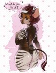  &lt;3 anthro big_butt brown_body brown_fur brown_hair butt carduelis clothed clothing dialogue female fur giraffid hair hi_res horn lingerie mammal okapi ossicone rear_view red_eyes skimpy solo striped_body stripes wide_hips 