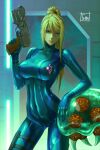  1girl absurdres artist_name bangs blonde_hair blue_bodysuit blue_eyes bodysuit breasts closed_mouth covered_collarbone covered_navel gun hand_up handgun highres holding holding_weapon holster large_breasts lips long_hair long_sleeves looking_at_viewer metroid metroid_(classic) metroid_(creature) mole mole_under_mouth neon_trim paralyzer ponytail samus_aran shiny shiny_clothes shiny_hair signature simple_background skin_tight thigh_holster tomo_eokaiteru trigger_discipline turtleneck weapon zero_suit 