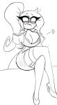  anthro big_breasts blush bottomwear breasts button_pop cleavage clothed clothing crossed_legs eliza_(nelljoestar) embarrassed female garter_belt garter_straps hair hi_res holding_object iguanid lizard long_hair monochrome nelljoestar ponytail reptile scalie simple_background skirt solo teacher thick_thighs wardrobe_malfunction 