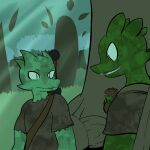  1:1 2014 anthro clothed clothing digital_drawing_(artwork) digital_media_(artwork) dirty duo fen_(lagotrope) grass green_body green_skin horn kobold lagotrope lizard male melee_weapon outside plant pupils reptile scalie shirt slit_pupils story story_at_source story_in_description sword tgchan topwear tree weapon zizi_(lagotrope) 