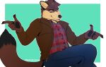  anthro black_ears bottomwear canid canine canis clothing denim denim_clothing finger_gun gesture hi_res jacket jeans looking_at_viewer male mammal multicolored_body muscular muscular_anthro muscular_male pants pattern_clothing plaid plaid_clothing smile smirk solo topwear treebarkdragon wolf 