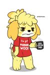  absurd_res animal_crossing anthro bags_under_eyes bottomless brown_eyes canid canine canis clothed clothing container cup dipstick_tail domestic_dog english_text female fur hi_res humor isabelle_(animal_crossing) mammal markings mug multicolored_tail nintendo pillothestar pseudo_hair pun red_clothing shih_tzu shirt signature simple_background solo standing tail_markings tail_motion tailwag text text_on_clothing text_on_shirt text_on_topwear thick_thighs tired topwear toy_dog video_games yellow_body yellow_fur 