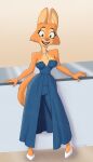  anthro bracelet breasts canid canine clothing dazzlekong diane_foxington dreamworks dress eyebrow_piercing facial_piercing female footwear fox hi_res high_heels jewelry looking_at_viewer mammal necklace nipple_outline open_mouth open_smile piercing smile solo the_bad_guys 