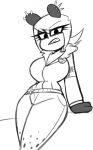  angry anthro big_breasts bottomwear breasts cleavage clothed clothing ear_piercing female giant_panda hair hi_res jacket looking_at_viewer mammal monochrome nelljoestar pants piercing sharp_teeth short_hair simple_background solo sweater teeth thick_thighs topwear ursid 