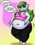  absurd_res anthro belly big_belly bottomwear chubby_female clothing crop_top drokmars female gardevoir generation_3_pokemon green_hair hair hi_res jiggling looking_at_viewer nintendo obese obese_anthro obese_female overweight overweight_anthro overweight_female pants pokemon pokemon_(species) red_eyes shirt simple_background solo speech_bubble topwear video_games 