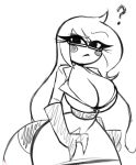  3_fingers anthro belt big_breasts breasts cleavage clothed clothing dress eliza_(nelljoestar) eyewear female fingers glasses gloves hair handwear hi_res iguanid lizard long_hair looking_at_viewer monochrome nelljoestar question_mark reptile scalie simple_background solo 