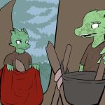  2014 anthro clothed clothing digital_drawing_(artwork) digital_media_(artwork) dirty duo female fen_(lagotrope) green_body green_skin horn kobold lagotrope lizard male outside reptile scalie shirt standing story story_at_source story_in_description tgchan topwear 