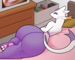  ambiguous_nudity anthro bed bedroom big_butt butt casual_exposure female fur furniture generation_5_pokemon gonda hi_res looking_away lying mienshao nintendo on_side paws pokemon pokemon_(species) purple_body purple_fur smiley_face solo video_games white_body white_fur 