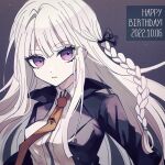  1girl artist_name bangs black_jacket black_ribbon braid brown_necktie closed_mouth collared_shirt commentary_request danganronpa:_trigger_happy_havoc danganronpa_(series) dated grey_background grey_hair hair_ribbon happy_birthday jacket kirigiri_kyouko long_hair long_sleeves looking_at_viewer mikao_(eanv5385) necktie open_clothes open_jacket purple_eyes ribbon shiny shiny_hair shirt side_braid solo upper_body white_shirt 