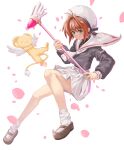  1girl black_footwear brown_hair cardcaptor_sakura closed_eyes full_body green_eyes highres holding kero kinomoto_sakura meguri_gatari sailor_collar school_uniform skirt smile socks tomoeda_elementary_school_uniform white_sailor_collar white_skirt white_socks 