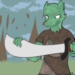  2014 anthro clothed clothing digital_drawing_(artwork) digital_media_(artwork) dirty fen_(lagotrope) grass green_body green_skin horn kobold lagotrope lizard male melee_weapon outside plant pupils reptile scalie shirt slit_pupils solo standing story story_at_source story_in_description sword tgchan topwear tree weapon 