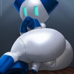  backsack balls big_butt blue_body butt butt_focus coffeewithdicks empty_eyes eyes_closed genitals glistening glistening_body grey_body hand_covering_face hi_res humanoid looking_at_viewer looking_back lying machine male metallic_body not_furry nude on_side penis robot robot_humanoid robotboy robotboy_(character) simple_background solo 