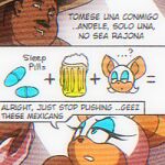  angelauxes anthro beer_mug blue_eyes brown_body brown_skin chiropteran drugs duo ellipsis english_text facial_hair female half-closed_eyes human low_res male mammal mustache narrowed_eyes orange_body pills question_mark rouge_the_bat sega sonic_the_hedgehog_(series) spanish_text text 