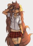  anthro apogee_(tinygaypirate) black_nose bottomwear breasts brown_body brown_eyes brown_fur brown_hair canid canine canis cheek_tuft clothed clothing cowlick domestic_dog dress_shirt ear_piercing elbow_tuft eyebrow_through_hair eyebrows eyelashes facial_markings facial_piercing facial_tuft female floppy_ears fur furgonomics furry-specific_piercing grey_background hair hair_over_eye hand_on_head head_markings hi_res inner_ear_fluff legwear long_hair looking_at_viewer mammal markings messy_hair mottled mottled_nose muzzle_piercing no_underwear nose_piercing one_eye_obstructed pattern_clothing pattern_shirt pattern_topwear piercing pink_nose plaid plaid_clothing plaid_shirt plaid_topwear portrait print_clothing print_shirt print_topwear raised_arm shirt simple_background skirt slim small_breasts solo spitz standing thigh_highs three-quarter_portrait tinygaypirate topwear translucent translucent_hair tuft 