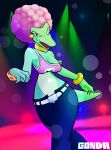  accessory afro anthro clothed clothing crocodile crocodilian crocodylid dancing disco donkey_kong_(series) eyelashes fangs female gonda green_body green_scales hi_res kalypso kremling looking_at_viewer nintendo reptile scales scalie solo video_games 