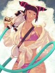  1girl bikini bikini_under_clothes black_hair breasts caustics cloud cloudy_sky commentary_request cowboy_shot hair_horns han_juri highres holding holding_water_gun hose navel shirt sky solo spider_web_print street_fighter street_fighter_iv_(series) super_soaker swimsuit tied_shirt water_gun yuenibushi 