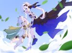  2girls :d back bangs bare_shoulders barefoot black_dress blue_eyes blue_sky cape cloud cloudy_sky company_connection dress full_body genshin_impact green_cape green_eyes highres holding_hands honkai_(series) honkai_impact_3rd leaf long_hair looking_at_viewer looking_back meuwzza_(me_zwa) mihoyo multiple_girls nahida_(genshin_impact) open_mouth side_ponytail sky smile theresa_apocalypse theresa_apocalypse_(twilight_paladin) thighhighs white_dress white_hair white_thighhighs 