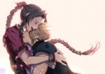  1boy 1girl aerith_gainsborough armor arms_around_back bangle bangs belt blonde_hair bracelet braid braided_ponytail breasts brown_gloves brown_hair choker closed_eyes cloud_strife cropped_jacket crying dress earrings final_fantasy final_fantasy_vii final_fantasy_vii_remake gloves hair_ribbon halu-ca highres hug jacket jewelry long_hair medium_breasts open_mouth parted_bangs pink_dress pink_ribbon red_jacket ribbon short_hair short_sleeves shoulder_armor sidelocks signature single_earring sleeveless sleeveless_turtleneck smile spiked_hair suspenders tears teeth turtleneck upper_body upper_teeth 