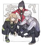  1girl 2boys black_gloves blonde_hair colored_skin eunie_(xenoblade) full_body gloves grey_skin head_wings jacket lanz_(xenoblade) multiple_boys noah_(xenoblade) red_jacket shoes sneakers squatting sudachips white_hair xenoblade_chronicles_(series) xenoblade_chronicles_3 