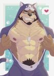  &lt;3 abs anthro athletic beard blue_eyes brown_body brown_fur canid canine canis cat_tail chest_tuft claws clothed clothing costume dark_nose facial_hair fangs fur hair heart_(marking) heart_reaction hi_res jewelry male mammal multicolored_body multicolored_fur muscular muscular_anthro muscular_male necklace nipple_piercing nipples onesie open_clothing pecs piercing pose pubes sharp_teeth simple_background smile smiling_at_viewer solo symbol teeth tuft watermark wolf zencrael 