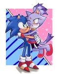  &lt;3 anthro blaze_the_cat blue_background blush clothing domestic_cat duo embrace eulipotyphlan felid feline felis female footwear hedgehog hi_res hug love male male/female mammal pink_background red_clothing red_footwear red_shoes sega shoes simple_background sonic_the_hedgehog sonic_the_hedgehog_(series) spidercheetos swimwear 