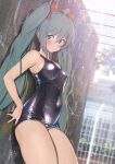 1girl against_wall aqua_eyes aqua_hair black_one-piece_swimsuit blurry blurry_background blush bow breasts closed_mouth covered_navel furuyama_itaru hair_between_eyes hair_bow hatsune_miku long_hair looking_at_viewer medium_breasts one-piece_swimsuit red_bow solo standing swimsuit thighs twintails vocaloid wet wet_clothes wet_swimsuit 