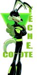  2022 4_fingers absurd_res anthro armor black_body black_fur black_nose canid canine canis character_name clothed clothing coyote crossed_arms deuces_(gesture) ecokez2 english_text fangs fingers fully_clothed fur gauntlets gloves green_body green_eyes green_fur handwear hi_res looking_at_viewer loonatics_unleashed looney_tunes male mammal open_mouth open_smile pose simple_background smile solo standing superhero superhero_costume tech_e._coyote teeth text tongue uniform warner_brothers 