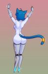  2022 absurd_res anthro back_boob barcode blue_body blue_hair breasts butt domestic_cat electricity felid feline felis female hair hi_res machine mammal raised_arms raised_hand rear_view robot scorpdk short_hair solo 