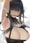  1girl armpits bangs bare_shoulders black_dress black_hair breasts cleavage dagger dress gold_hairband hair_ornament highres knife kurowa large_breasts long_hair looking_at_viewer mouth_hold red_eyes sidelocks solo spy_x_family weapon yor_briar 