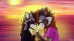  breasts brown_hair eyes_closed female foreheads_touching fur genderfluid green_eyes grey_body grey_fur hair hand_holding hand_on_cheek hi_res kvn_poulsen mammal mature_female neck_tuft noses_touching procyonid purple_eyes raccoon sara_poulsen sunset tuft two_suns water 