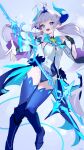 +_+ 1girl :d absurdres ahoge armor bangs bat_wings blue_bow blue_eyes blue_horns bow chain elsword full_body greaves highres horns leotard light_blush long_hair looking_at_viewer low_twintails luciela_r._sourcream noblesse_(elsword) pointy_ears power_(lu_power) short_eyebrows smile solo thighhighs twintails twitter_username very_long_hair white_hair white_leotard wings 